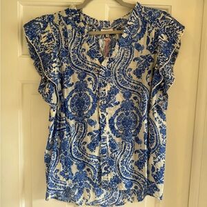 Blue and White Paisley Flutter Sleeve Blouse